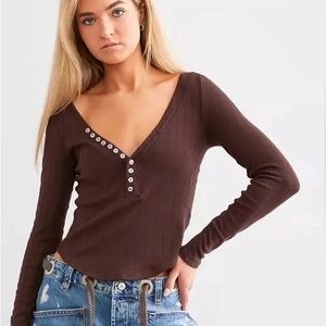 Free People Coffee Chat Pointelle Brown Long Sleeve V-Neck Top